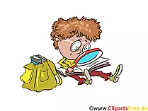Clipart kostenlos Schüler mit Lupe, Schulranzen, Lesen Buch