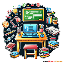 Hausaufgaben Clipart mit Schreibtisch, Computer, Büchern