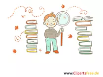 Junge mit Lupe und Bücher Clipart, Grafik, Illustration