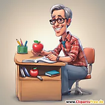 Teacher at work table with apple picture, illustration, cartoon