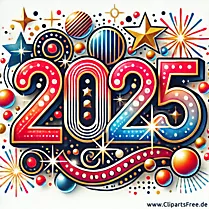 Kleurrijke collage voor oudejaarsavond 2025 met sterren, cijfers en vuurwerk