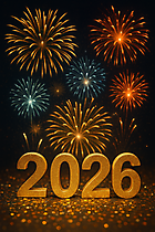 2026 Silvesterkarte mit Feuerwerken und goldenen Zahlen