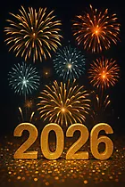 2026 Silvesterkarte mit Feuerwerken und goldenen Zahlen