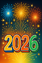 Silvesterkarte mit Feuerwerken und Zahl 2026