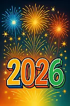 Silvesterkarte mit Feuerwerken und Zahl 2026