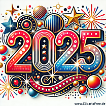 Bunte Collage zum Silvester 2025 mit Sternen, Zahlen und Feuerwerken