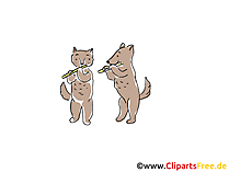Katze und Hund spielen Flöte Cartoon, Clipart, Bild, Illustration