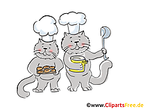 Zwei Katzen mit Kochmützen und Löffel Clipart, Bild, Illustration