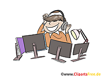 Gamer sitzt an Monitoren und spielt Clipart, Illustration