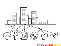 Schwarz-weiss Clipart Stadtlandschaft und Vernetzung in sozialen Netzwerken