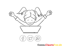 Schwarz-weisses Clipart Mädchen arbeitet am Notebook