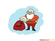 Clipart Weihnachtsmann mit Sack zählt Geschenke