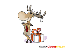 Elch mit Geschenk zu Weihnachten Clipart, Bild, Illustration