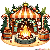 Vuurplaats op kerstmarkt clipart afbeelding in cartoon-stijl