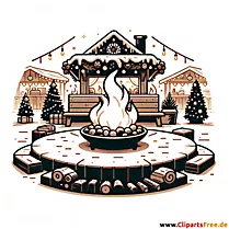 Pozo de fuego en el mercado navideño clipart en blanco y negro