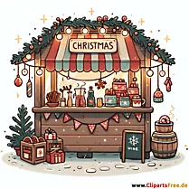 Penjualan berdiri di ilustrasi pasar Natal dalam gaya kartun