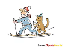 Mann und Kater fahren Ski im Winter Cartoon, Clipart, Bild, Illustration